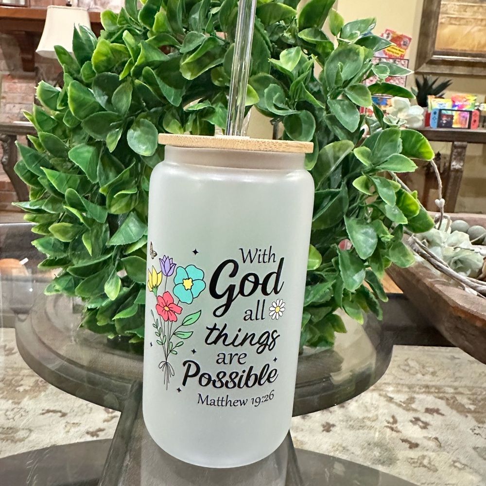 Inspirational Frosted Glass Jar with Straw